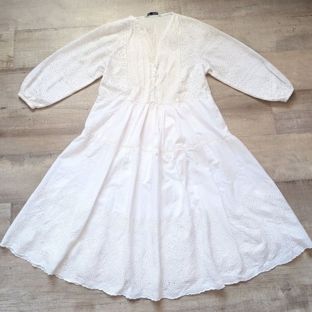 Zara White Eyelet Maxi Dress Size L Boho Cotton Tiered Long Sleeve Cottage Core